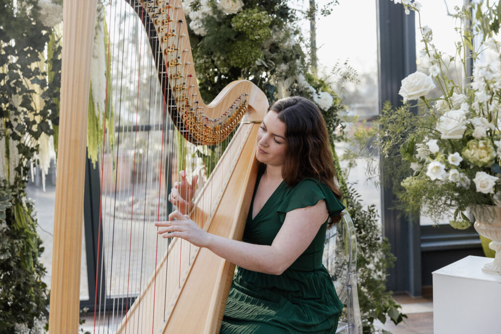 Harfinistin Ricarda spielt auf der Harfe in der Location Glashütte Adendorf, Planung: Sophia von Aspern, von Aspern Weddings, Lüneburg, Hamburg, Hannover, Bremen