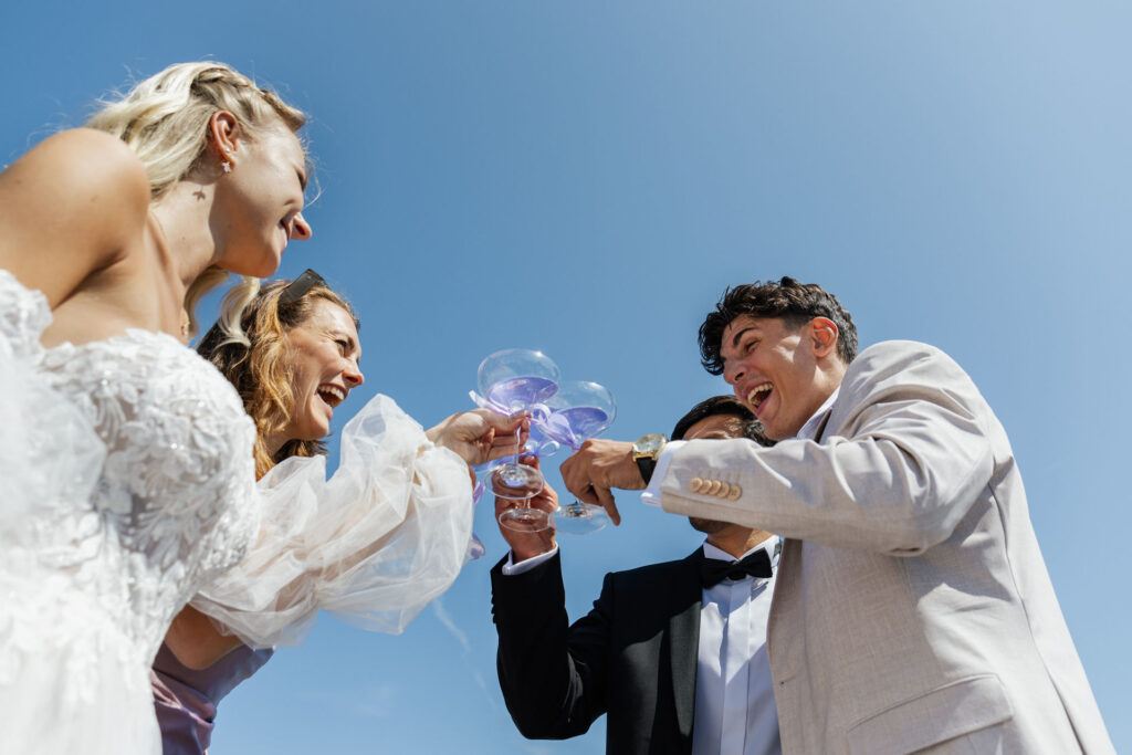 Jubelnde Gäste beim Anstoßen mit Braut und Bräutigam, Hochzeitsplanung Sophia von Aspern, von Aspern Weddings, Hamburg, Hannover, Bremen.