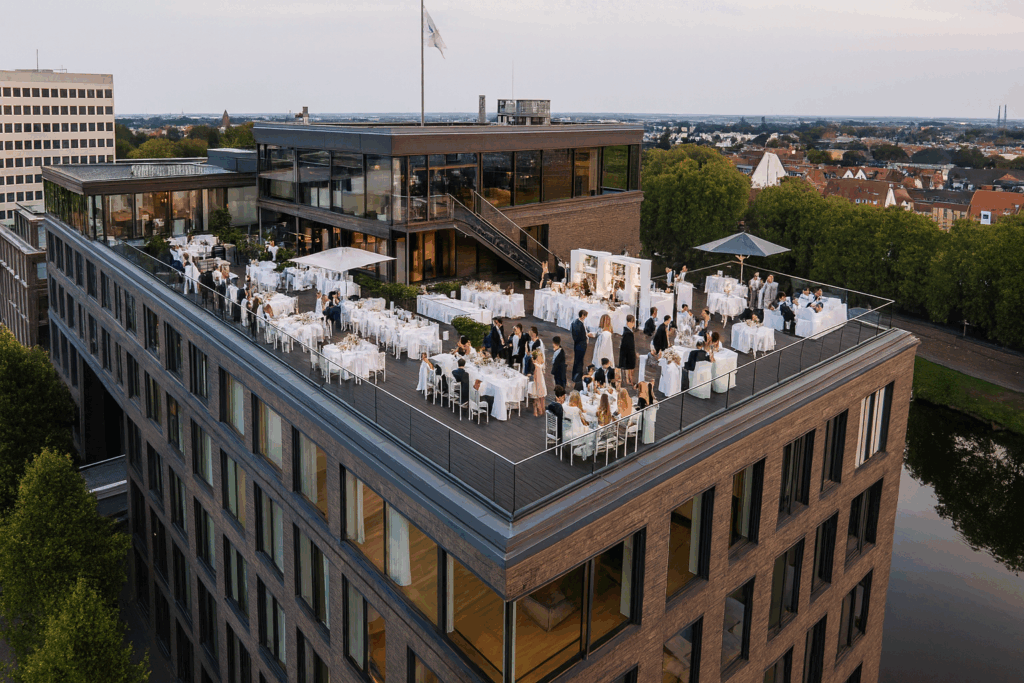 Fly Deck Bremen mit großer Dachterrasse über den Dächern der Stadt – moderne Hochzeitslocation mit urbanem Flair und exklusiver Aussicht. Sophia von Aspern begleitet euch hier mit von Aspern Weddings bei eurer Hochzeitsplanung in Bremen, Hamburg, Hannover und Niedersachsen.