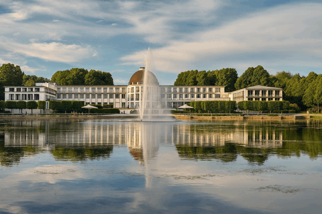 Das Parkhotel Bremen mit Blick auf den Wasserpark – eine exklusive Hochzeitslocation in Bremen, ideal für stilvolle Feiern am Wasser. Sophia von Aspern bietet hier mit von Aspern Weddings professionelle Hochzeitsplanung für Paare aus Hamburg, Bremen, Hannover und ganz Niedersachsen.