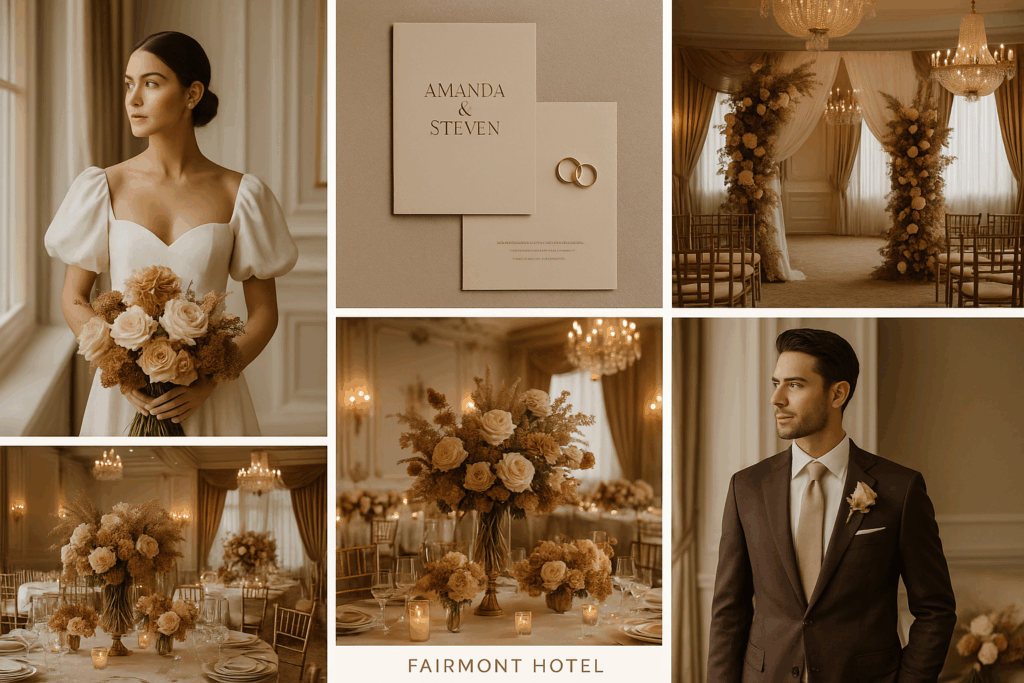 Moodboard im Farbkonzept Mocha Mousse mit warmen Braun-, Creme- und Beigetönen. Die Collage zeigt elegante Stoffmuster, Blumenarrangements und Dekoelemente im modernen, natürlichen Stil – inspiriert vom Look des Fairmont Hotel Vier Jahreszeiten in Hamburg als exklusive Hochzeitslocation an der Elbe. Ideal für edle Hochzeitskonzepte in Hamburg, Bremen, Hannover und Niedersachsen.