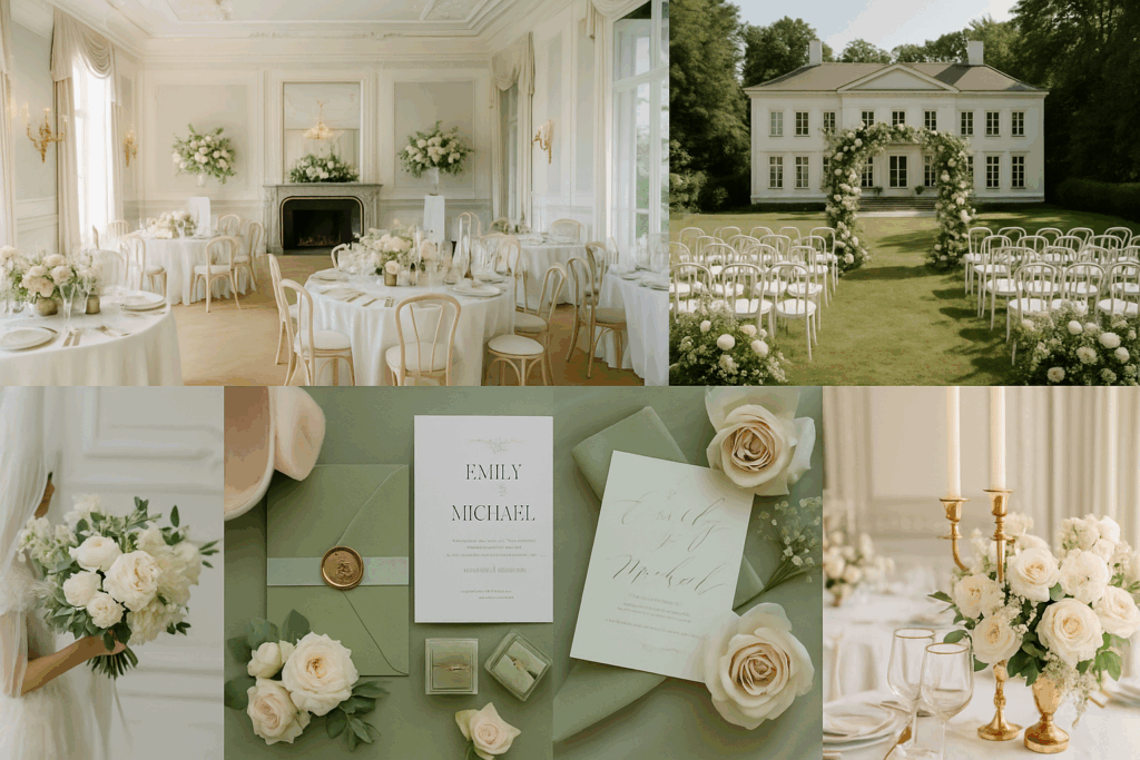 Moodboard für eine elegante Hochzeit im Jenisch Haus in Hamburg. Helle, natürliche Farben, klassisch-moderne Elemente und feine Details, die den historischen Charme der Location betonen. Stilvoll, zeitlos und perfekt für exklusive Feiern im hanseatischen Ambiente. Hochzeitsplanung: Sophia von Aspern, Hamburg, Bremen, Hannover, Niedersachsen, von Aspern Weddings.