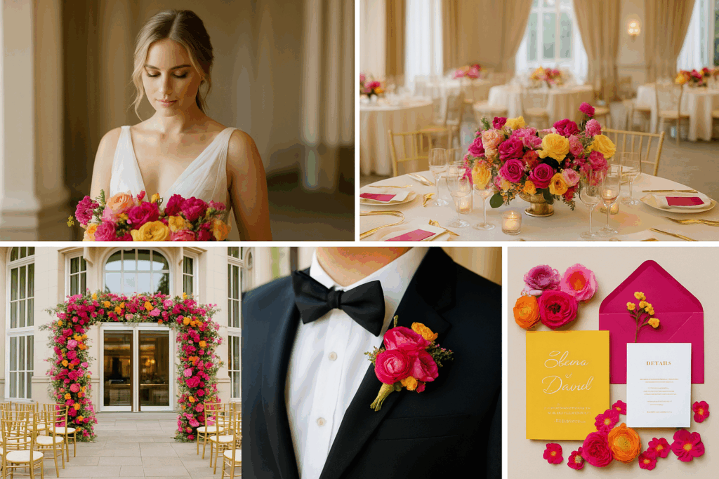 Stimmungsvolles Moodboard mit modernen Orange- und Pinktönen im Grand Elysée Hamburg. Das Hochzeitskonzept zeigt eine lebendige, elegante Farbwelt mit farbintensiver Floristik, goldenen Details und klarer Linienführung. Der Mix aus kräftigen Blumenarrangements, zarten Stoffen und stilvollen Accessoires verleiht dem Setting eine frische, luxuriöse Atmosphäre – perfekt für eine sommerliche Hochzeit mit urbanem Glamour.