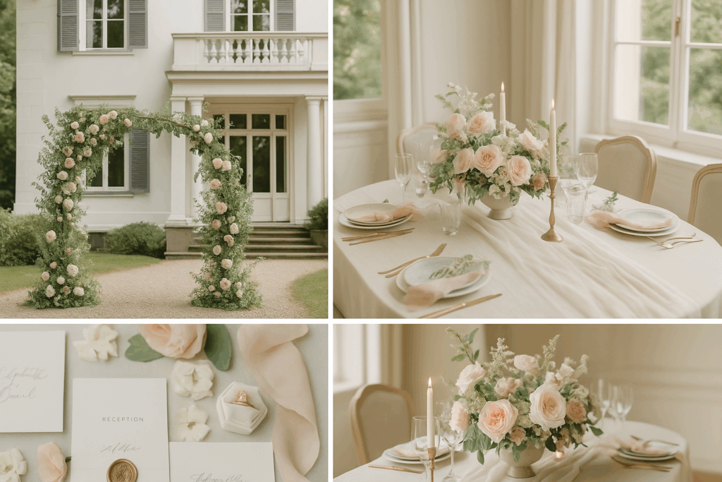 Moodboard in Salbei- und Rosétönen inspiriert von der Hochzeitslocation Villa im Heine-Park in Hamburg, stilvolle Hochzeitsplanung Sophia von Aspern, von Aspern Weddings, Hamburg, Bremen, Hannover, Niedersachsen.