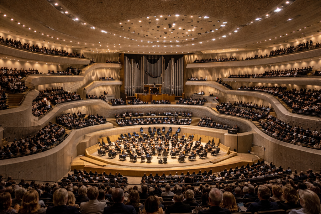 Großer Saal der Elbphilharmonie in Hamburg mit beeindruckender Architektur und einzigartiger Atmosphäre, Konzerträume als außergewöhnliche Kulisse für exklusive Hochzeitsmomente. Heiraten in der Hansestadt in einer der bekanntesten Locations Hamburgs, stilvoll gedacht im Rahmen hochwertiger Hochzeitsplanung von Sophia von Aspern. Besondere Inspiration für anspruchsvolle Paare, geplant von von Aspern Weddings.