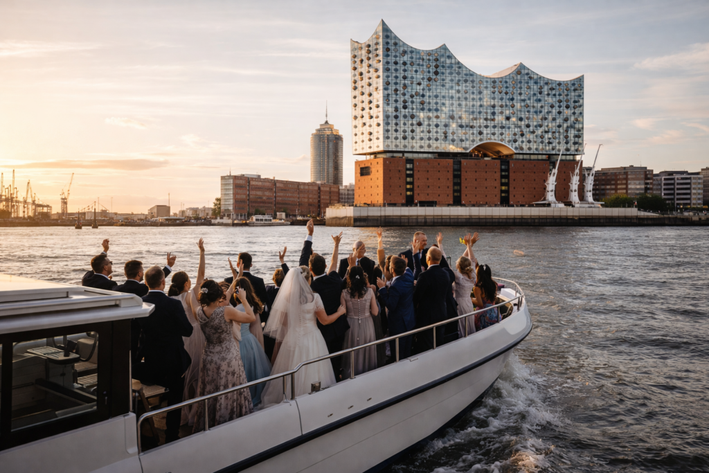 Hochzeitsfeier auf einem Boot in Hamburg mit Blick auf die Elbphilharmonie, stilvolle Hochzeitslocation auf dem Wasser für eine exklusive Feier. Moderne Atmosphäre, besondere Perspektive auf den Hamburger Hafen und einzigartige Stimmung für eine außergewöhnliche Hochzeit. Hochzeitsplanung durch Sophia von Aspern für Paare aus Hamburg, Bremen, Hannover und Niedersachsen, umgesetzt von von Aspern Weddings.