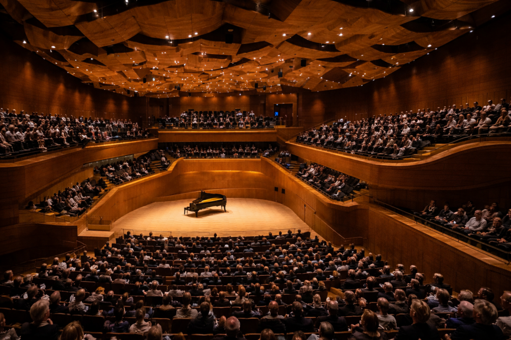 Kleiner Saal der Elbphilharmonie in Hamburg mit klarer Architektur und besonderer Konzertatmosphäre, stilvolle Konzerträume als exklusive Kulisse für außergewöhnliche Hochzeitsinspiration. Heiraten in der Hansestadt in einem modernen, eleganten Umfeld, umgesetzt durch Hochzeitsplanung von Sophia von Aspern. Hochwertige Hochzeitskonzepte für Paare aus Hamburg, Bremen, Hannover und Niedersachsen, realisiert von von Aspern Weddings.