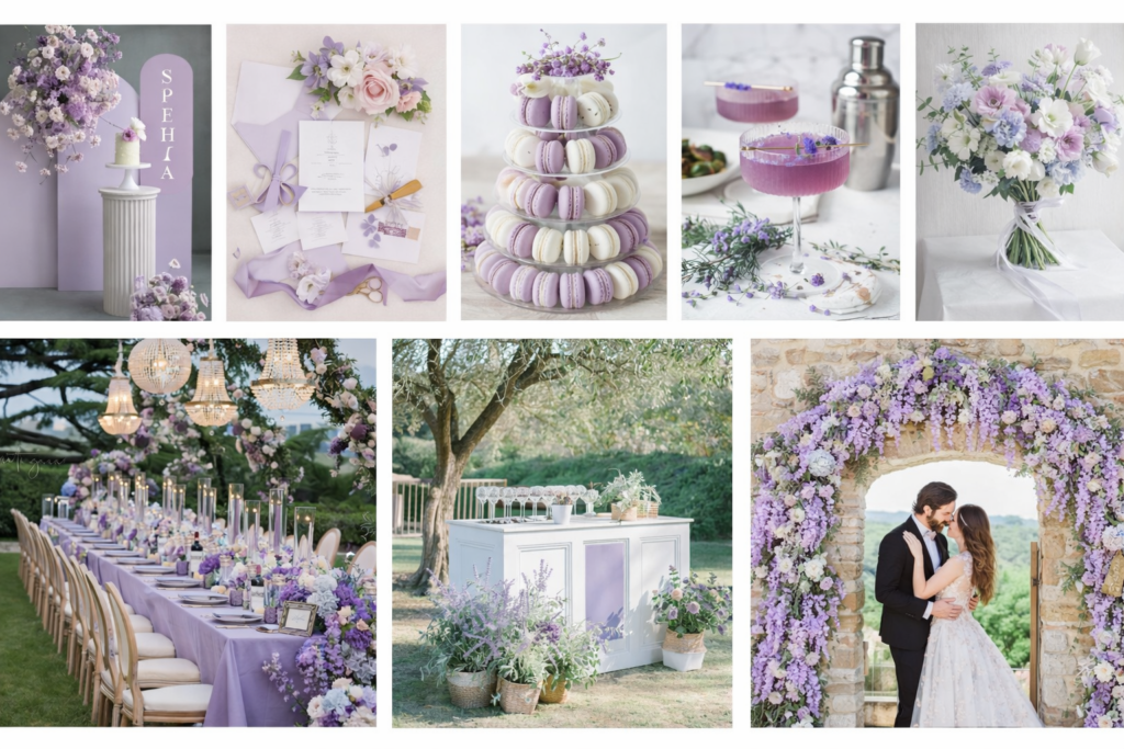 Stimmungsvolles Moodboard in Lila als Inspiration für eine Hochzeit im Wyndberghotel in Lüneburg mit mediterranen Toskana Vibes auf der Terrasse, warmem Licht, eleganten Stoffen und sommerlicher Atmosphäre. Farb und Stilkonzept für hochwertige Hochzeitsplanung mit Sophia von Aspern, ideal für moderne Feiern in Hamburg, Bremen, Hannover und Niedersachsen, umgesetzt von von Aspern Weddings.