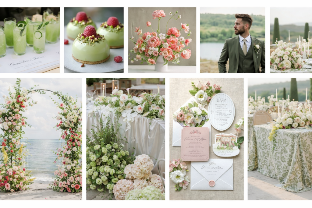 Stimmungsvolles Moodboard in Lime und Rosé als Inspiration für eine elegante Hochzeit im Wyndberghotel Lüneburg, mit frischen Farbkontrasten, modernen Akzenten und stilvoller Ästhetik. Farbkonzept für hochwertige Hochzeitsplanung in der Innenstadt von Lüneburg, umgesetzt mit Feingefühl von Sophia von Aspern, Hochzeitsplanung für Hamburg, Bremen, Hannover, Niedersachsen und von Aspern Weddings.