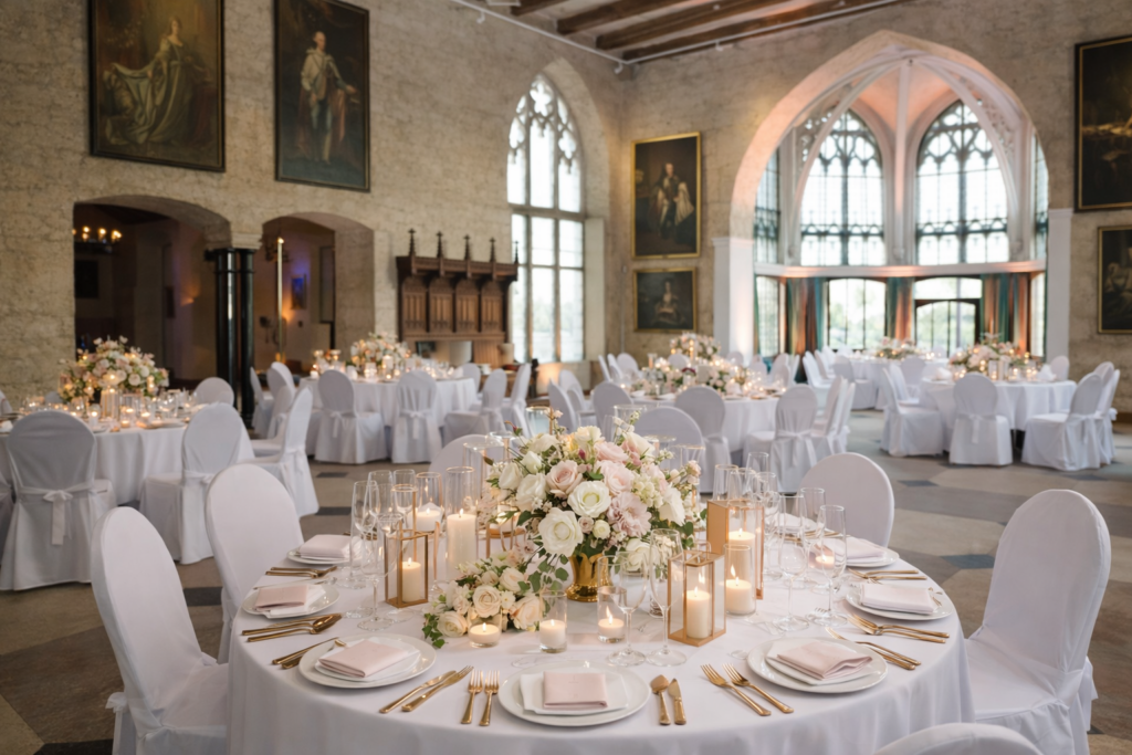 Schloss Marienburg als eindrucksvolle Hochzeitslocation nahe Hannover in Niedersachsen, festlich dekorierter Hochzeitssaal im historischen Schloss für eine standesamtliche Trauung mit elegantem Ambiente, stilvolles Heiraten im Schloss für anspruchsvolle Paare, exklusive Hochzeitsplanung in Hannover, Hamburg und Bremen, umgesetzt von Sophia von Aspern, von Aspern Weddings