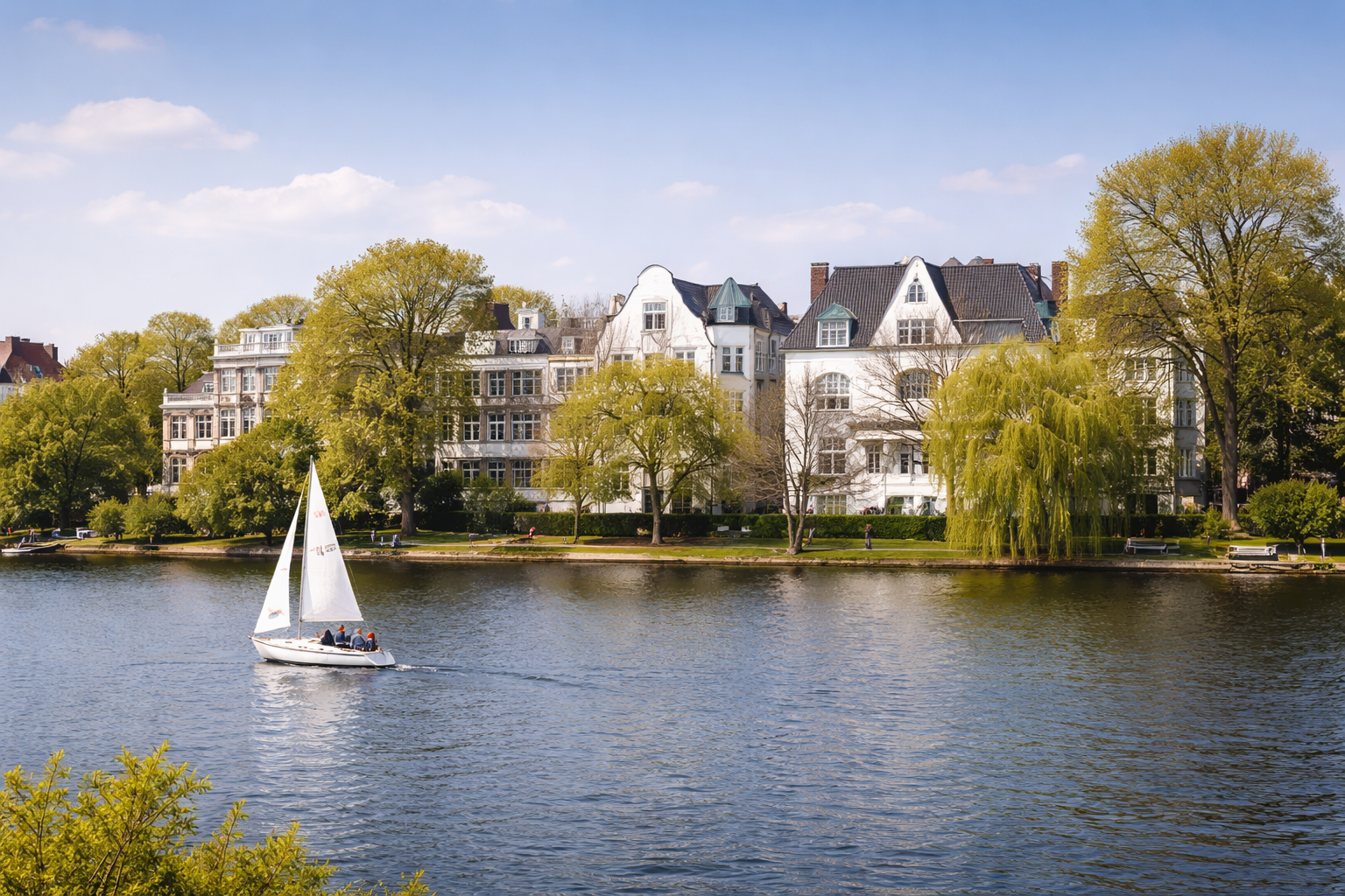 Blick von der Alster auf Winterhude mit eleganten Villen am Ufer in Hamburg, exklusive Kulisse für Hochzeitslocations nahe Winterhude und inspirierende Hochzeitsplanung von Sophia von Aspern für Hamburg, Bremen, Hannover und Niedersachsen.