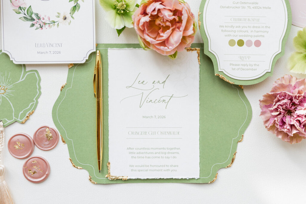 Hochzeitseinladung mit goldenen Details auf edlem Papier, moderne Papeterie mit eleganter Farbwelt für eine stilvolle Hochzeitsplanung in Hamburg, Bremen, Hannover und Niedersachsen von Sophia von Aspern von Aspern Weddings