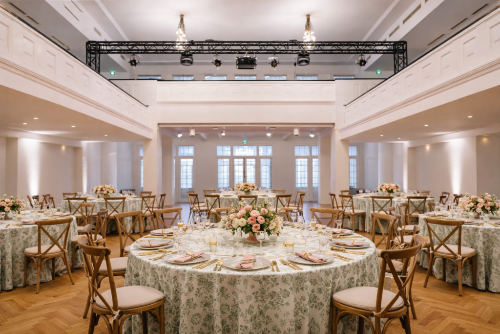 Saal im Curio Haus Hamburg mit runden Banketttischen und floraler Dekoration, elegante Hochzeitslocation für stilvolle Hochzeitsplanung von Sophia von Aspern in Hamburg, Bremen, Hannover und Niedersachsen.