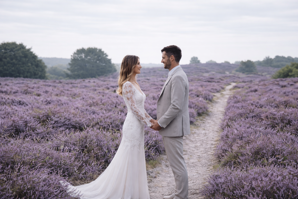 Elopement Wedding in der Lüneburger Heide mit einem Brautpaar bei einem intimen Paarshooting inmitten weiter Heideflächen, natürliche Hochzeitslocation für eine stilvolle Hochzeit zu zweit in Niedersachsen.