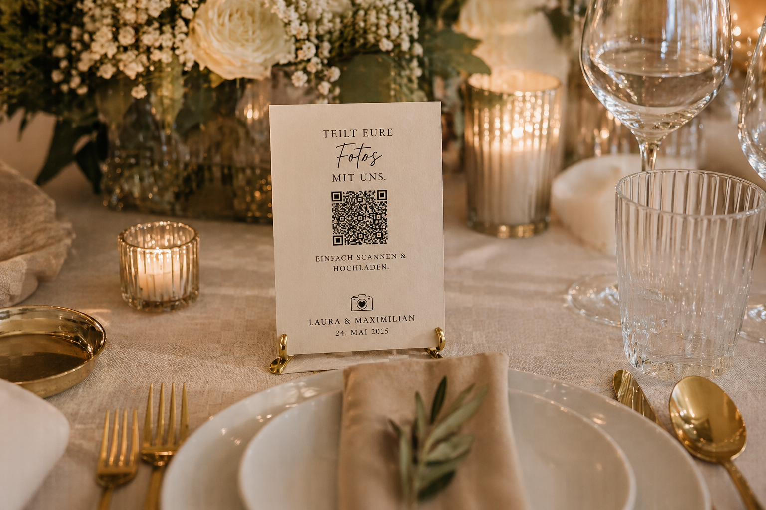 QR Code für Hochzeitsfotos als Zugang zu einer übersichtlichen Online Bildergalerie, moderne Lösung für das Sammeln und Teilen von Gästefotos in Echtzeit, stilvolle Darstellung mit klarer Struktur und hochwertigem Design, Hochzeitsplanung in Hamburg sowie Niedersachsen, Bremen und Hannover mit durchdachten Konzepten und eleganten Hochzeiten von Aspern Weddings