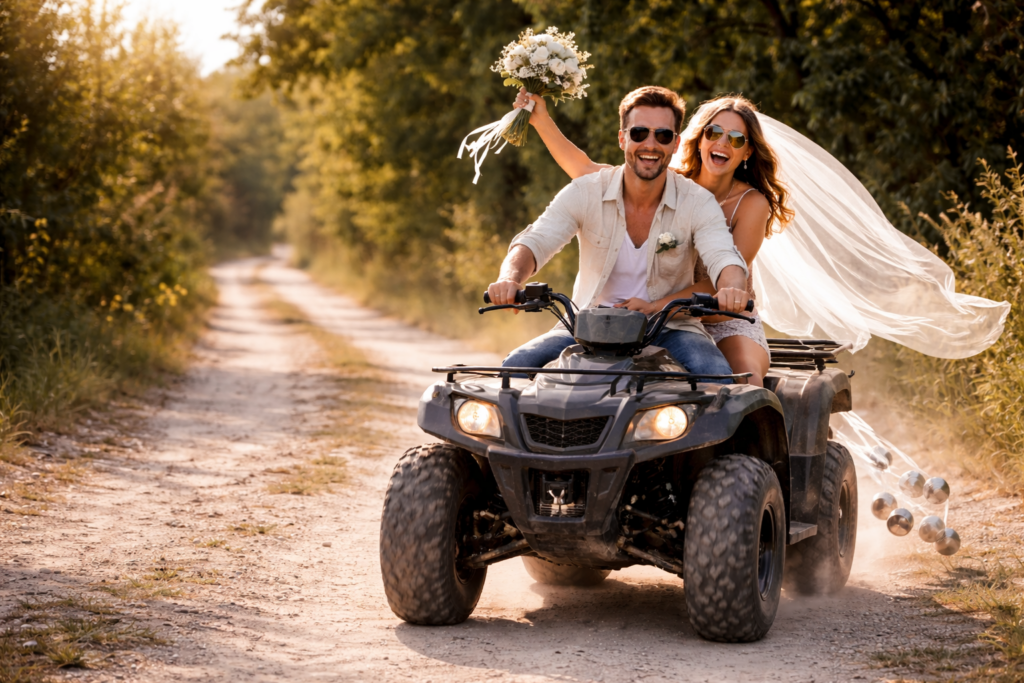 Elopement Hochzeit mit einer Quadtour als besonderes Erlebnis, Brautpaar bei einer Hochzeit zu zweit in der Natur, kombiniert aus Abenteuer und exklusiver Hochzeitsplanung in Niedersachsen, Hamburg oder Bremen.