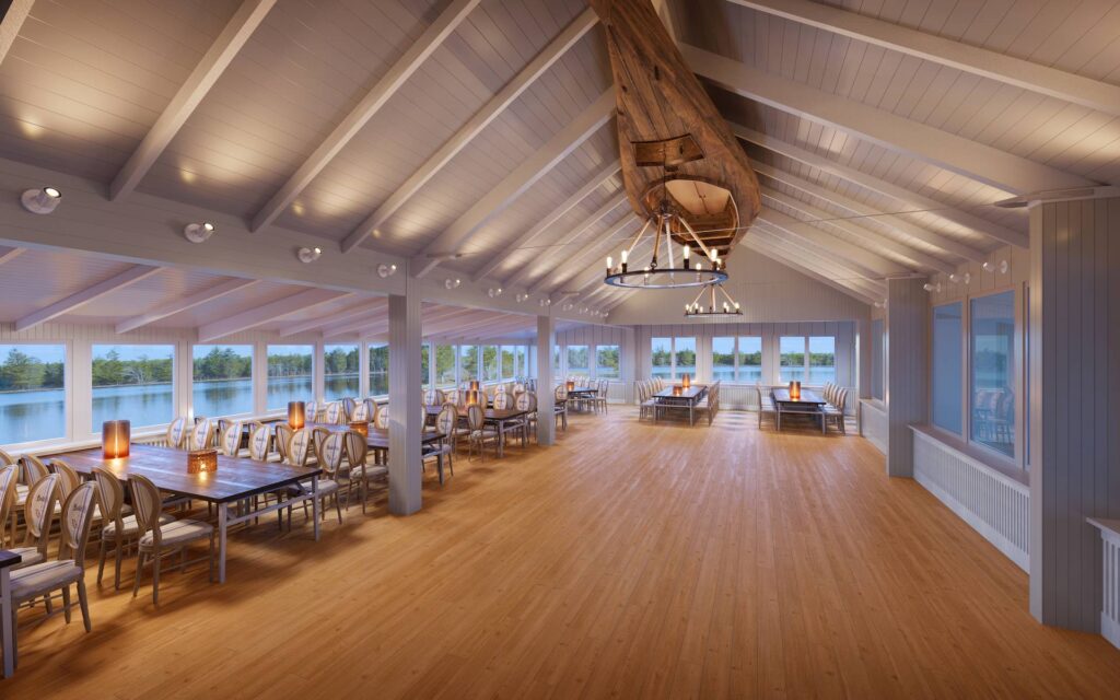 Seepavillon der Bokel Mühle am See mit Blick auf das Wasser und elegantem Kronleuchter, stilvolle Hochzeitslocation nahe Hamburg mit moderner Architektur und lichtdurchfluteter Atmosphäre, ideal für exklusive Feiern mit besonderem Ambiente, Hochzeitsplanung in Niedersachsen sowie Hamburg, Bremen und Hannover mit hochwertigen Konzepten und durchdachten Details von Aspern Weddings