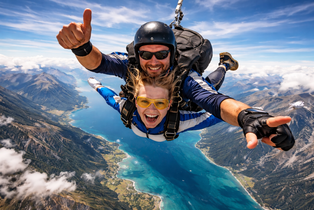 Elopement Hochzeit mit einem Tandemfallschirmsprung als außergewöhnliche Idee für den Hochzeitstag zu zweit, Brautpaar erlebt einen emotionalen Moment zwischen Abenteuer und Freiheit in Norddeutschland, kombiniert mit stilvoller Hochzeitsplanung in Hamburg, Bremen oder Niedersachsen.