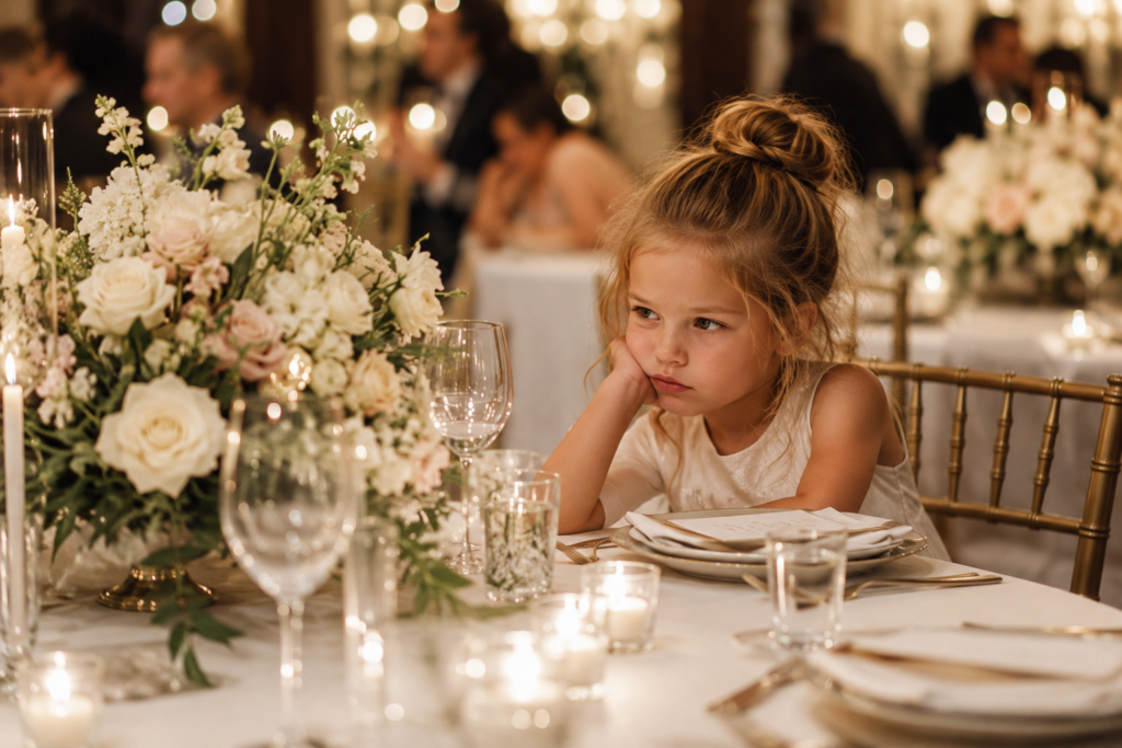 Ein Kind sitzt gelangweilt am Tisch einer Hochzeit und wirkt unbeschäftigt während der Feier. Eine gute Kinderbetreuung und passende Beschäftigungsmöglichkeiten sind bei der Hochzeitsplanung in Hamburg, Bremen, Hannover und Niedersachsen wichtig, damit sich auch kleine Gäste wohlfühlen.