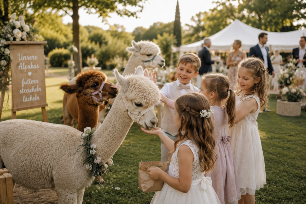 Kinder streicheln und füttern Alpakas auf einer Hochzeit und erleben eine besondere Beschäftigung während der Feier. Tierische Highlights wie Alpakas können bei der Hochzeitsplanung in Hamburg, Bremen, Hannover und Niedersachsen für unvergessliche Momente bei kleinen Gästen sorgen.