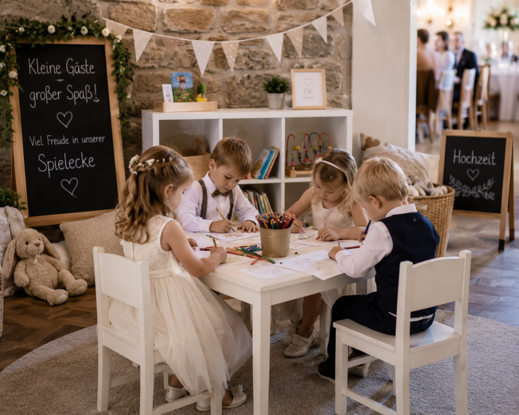 Kinder sitzen in einer liebevoll eingerichteten Spielecke auf einer Hochzeit und malen gemeinsam, während die Feier entspannt weiterläuft. Professionelle Hochzeitsplanung von Aspern Weddings für Hamburg, Bremen, Hannover und Niedersachsen.