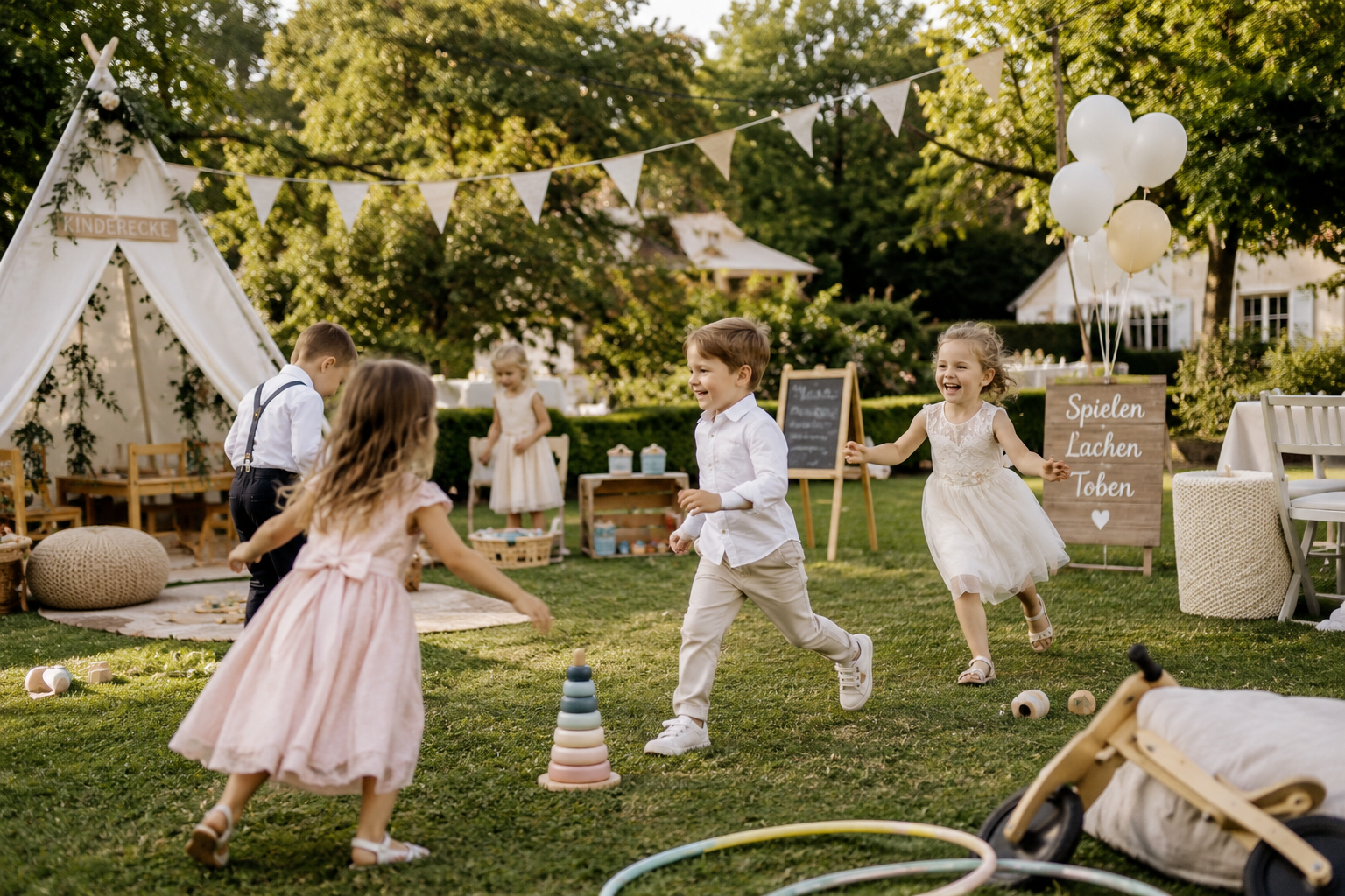 Kinder spielen in einer liebevoll gestalteten Spielecke auf einer Hochzeit und beschäftigen sich gemeinsam mit Spielsachen und Malutensilien. Eine Kinderecke sorgt bei der Hochzeitsplanung in Hamburg, Bremen, Hannover und Niedersachsen für entspannte Eltern und glückliche Kinder.