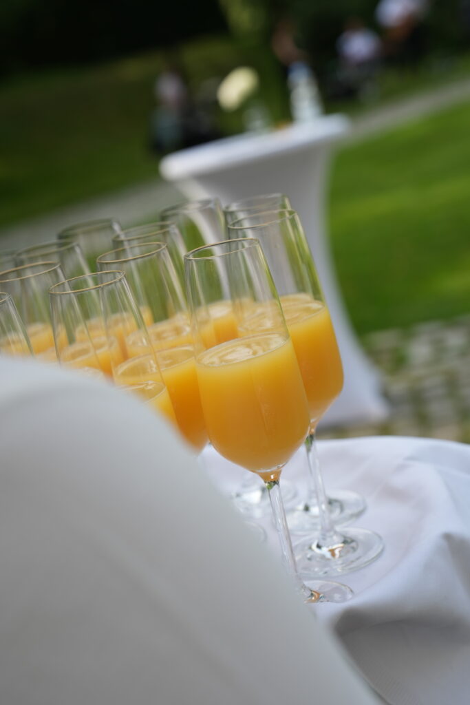 Tablett mit Orangensaft beim Sektempfang im Schloss Ovelgönne als stilvoller Empfang für Hochzeitsgäste. Begleitet von Sophia von Aspern als Zeremonienmeisterin von von Aspern Weddings. Hochzeitsplanung in Niedersachsen, Hamburg, Bremen und Hannover.