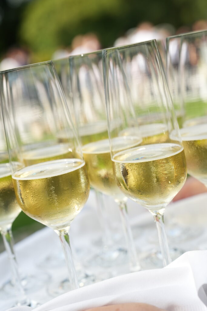 Tablett mit Sektgläsern beim Sektempfang im Schloss Ovelgönne für eine exklusive Hochzeit in stilvoller Atmosphäre. Begleitet von Sophia von Aspern von von Aspern Weddings als Zeremonienmeisterin. Hochzeitsplanung in Hamburg, Bremen, Hannover und Niedersachsen.