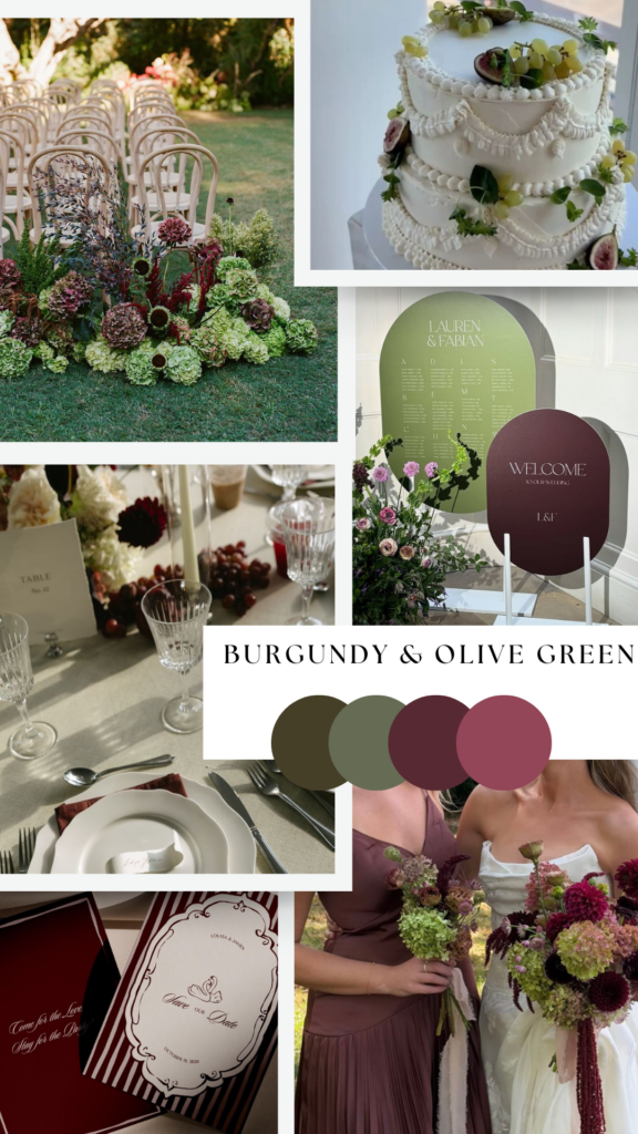 Moodboard für ein Hochzeitskonzept in Burgundy und Olive Green mit eleganten Farbkombinationen, abgestimmter Dekoration und Inspirationen für eine exklusive Hochzeit. Hochzeitsplanung in Hamburg, Bremen, Hannover und Niedersachsen von Sophia von Aspern.