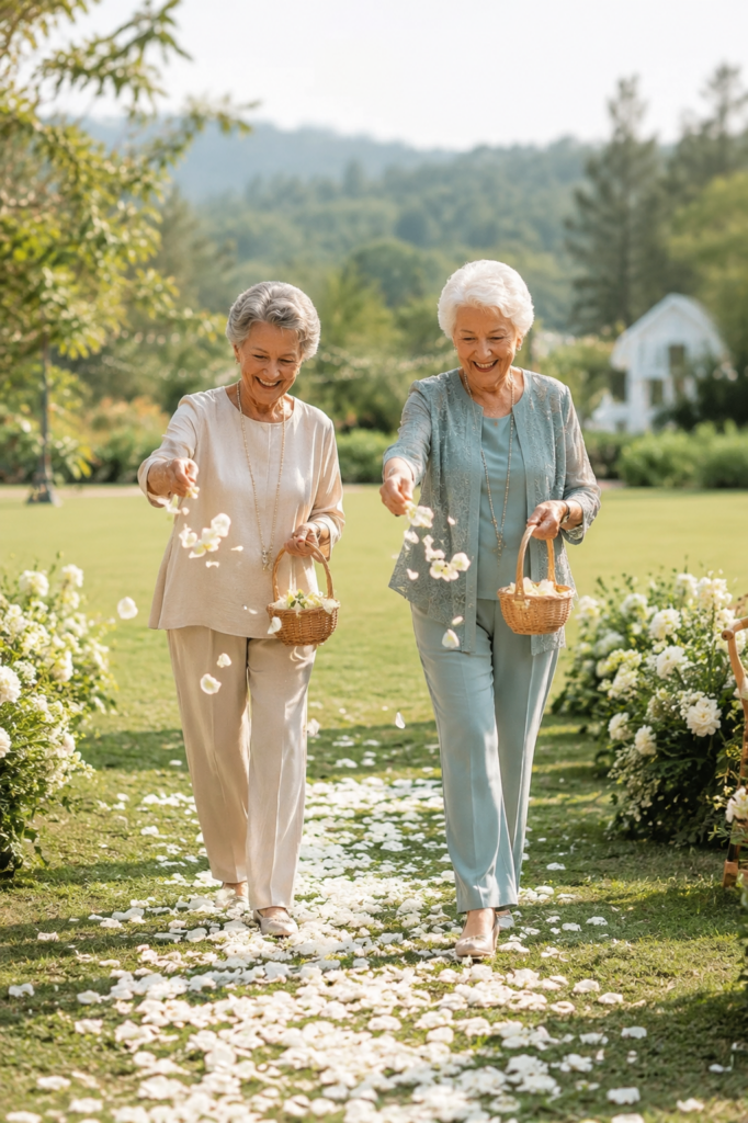 Flower Grandmas streuen Blumen beim Einzug einer freien Trauung und sorgen für eine besondere Stimmung. Emotionaler Hochzeitstrend für exklusive Hochzeiten in Hamburg, Bremen, Hannover und Niedersachsen mit Sophia von Aspern von Aspern Weddings.