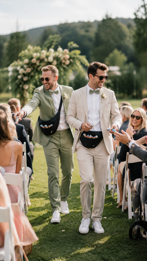 Groomsmen verteilen Kerzen an die Gäste und begleiten damit den Einzug bei einer freien Trauung. Besonderer Hochzeitstrend für eine emotionale Atmosphäre bei exklusiven Hochzeiten in Hamburg, Bremen, Hannover und Niedersachsen mit Sophia von Aspern von Aspern Weddings.