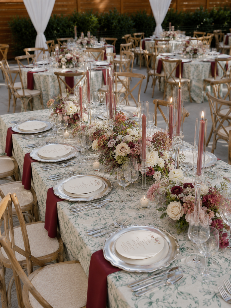 Elegantes Tischsetting mit grün gemusterter Tischdecke, floralen Elementen, stilvoller Dekoration und Crossback Chairs in einer Hochzeitslocation. Moderner Hochzeitstrend mit farbigen Tischdecken für exklusive Hochzeiten in Hamburg, Bremen, Hannover und Niedersachsen mit Sophia von Aspern von Aspern Weddings.