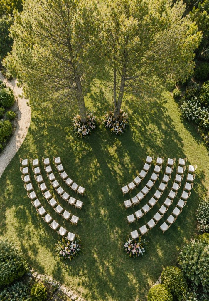 Trauungssetup mit im Halbkreis aufgestellten Stühlen für eine freie Trauung. Moderner Hochzeitstrend für exklusive Hochzeitsplanung in Hamburg, Bremen, Hannover und Niedersachsen mit Sophia von Aspern von Aspern Weddings.