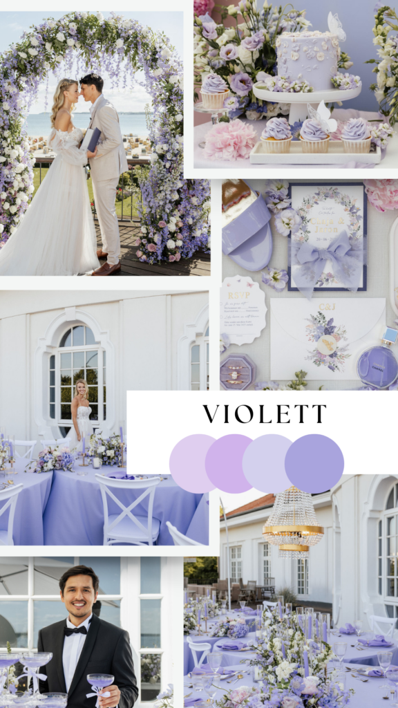 Moodboard für ein lila Hochzeitskonzept mit violetten Farbakzenten, stilvoller Dekoration und Inspirationen für ein modernes Hochzeitsdesign. Hochzeitsplanung in Hamburg, Bremen, Hannover und Niedersachsen von Sophia von Aspern.