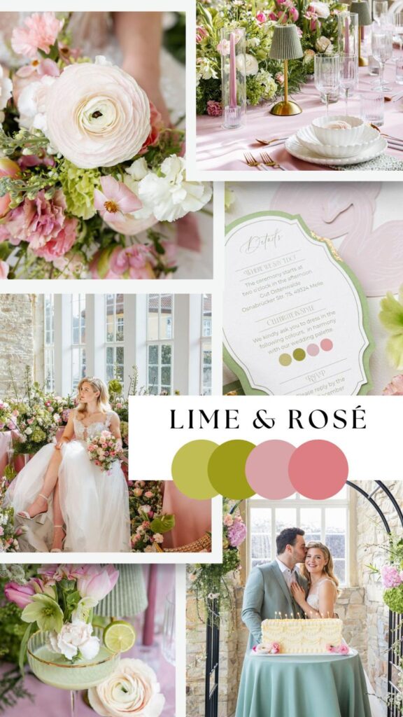 Moodboard für ein Lime and Green Hochzeitskonzept mit frischen Grüntönen, modernen Farbkombinationen und Inspirationen für eine stilvolle Hochzeit. Hochzeitsplanung in Hamburg, Bremen, Hannover und Niedersachsen von Sophia von Aspern.