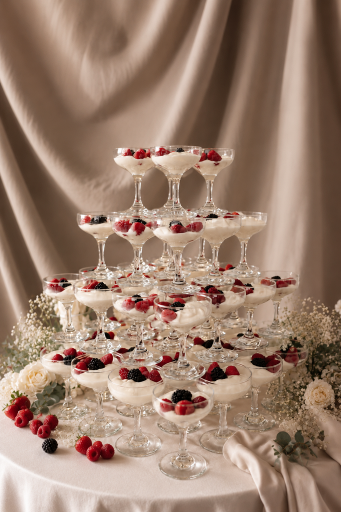 Eleganter Dessert Tower mit stilvoll angerichteten Dessertgläsern als moderner Hochzeitstrend für einen exklusiven Sweet Table. Hochwertige Dessertpräsentation als Inspiration für stilvolle Hochzeiten und exklusive Hochzeitsplanung von Aspern Weddings in Hamburg, Bremen, Hannover und Niedersachsen.