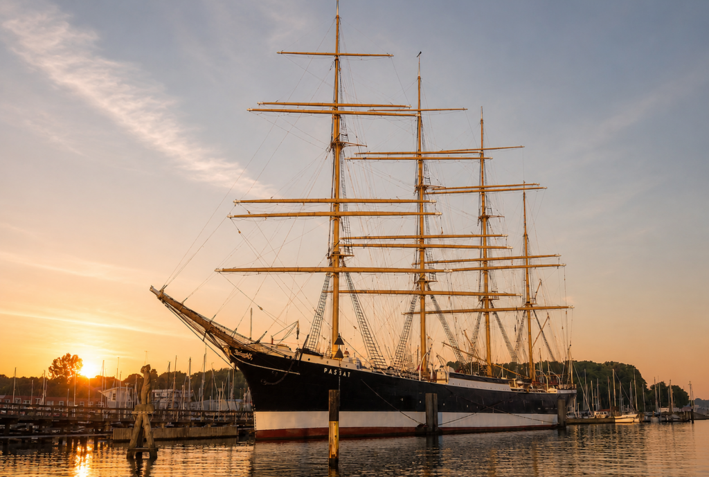 Außenansicht der Viermastbark Passat in Travemünde. Das historische Segelschiff ist eine besondere Location für standesamtliche Trauungen mit maritimem Flair an der Ostsee. Hochzeitsplanung von Sophia von Aspern, von Aspern Weddings, für Hochzeiten in Lübeck, Hamburg, Bremen und Niedersachsen.
